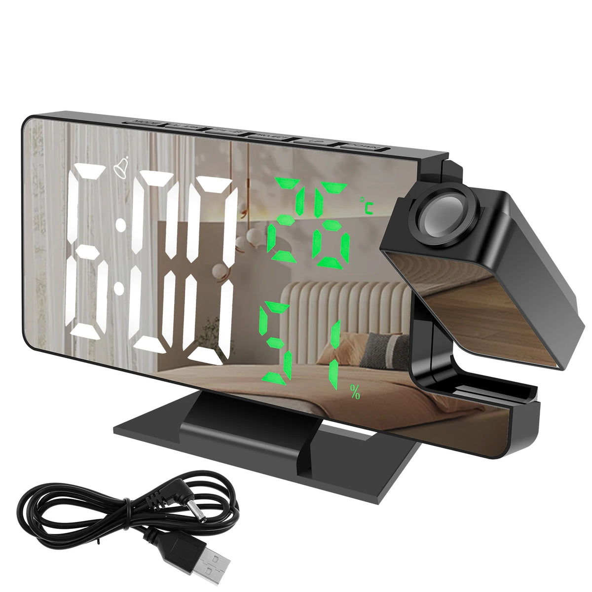 Reloj despertador digital LED con proyector y espejo
