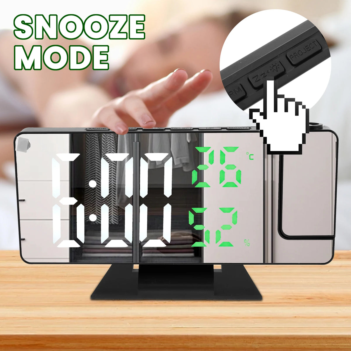 Reloj despertador digital LED con proyector y espejo