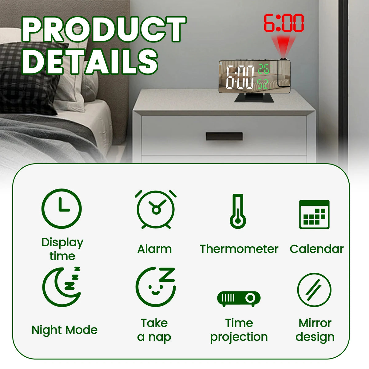 Reloj despertador digital LED con proyector y espejo