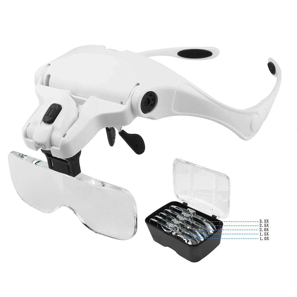 Gafas lupa de cabeza con luz LED y 5 lentes