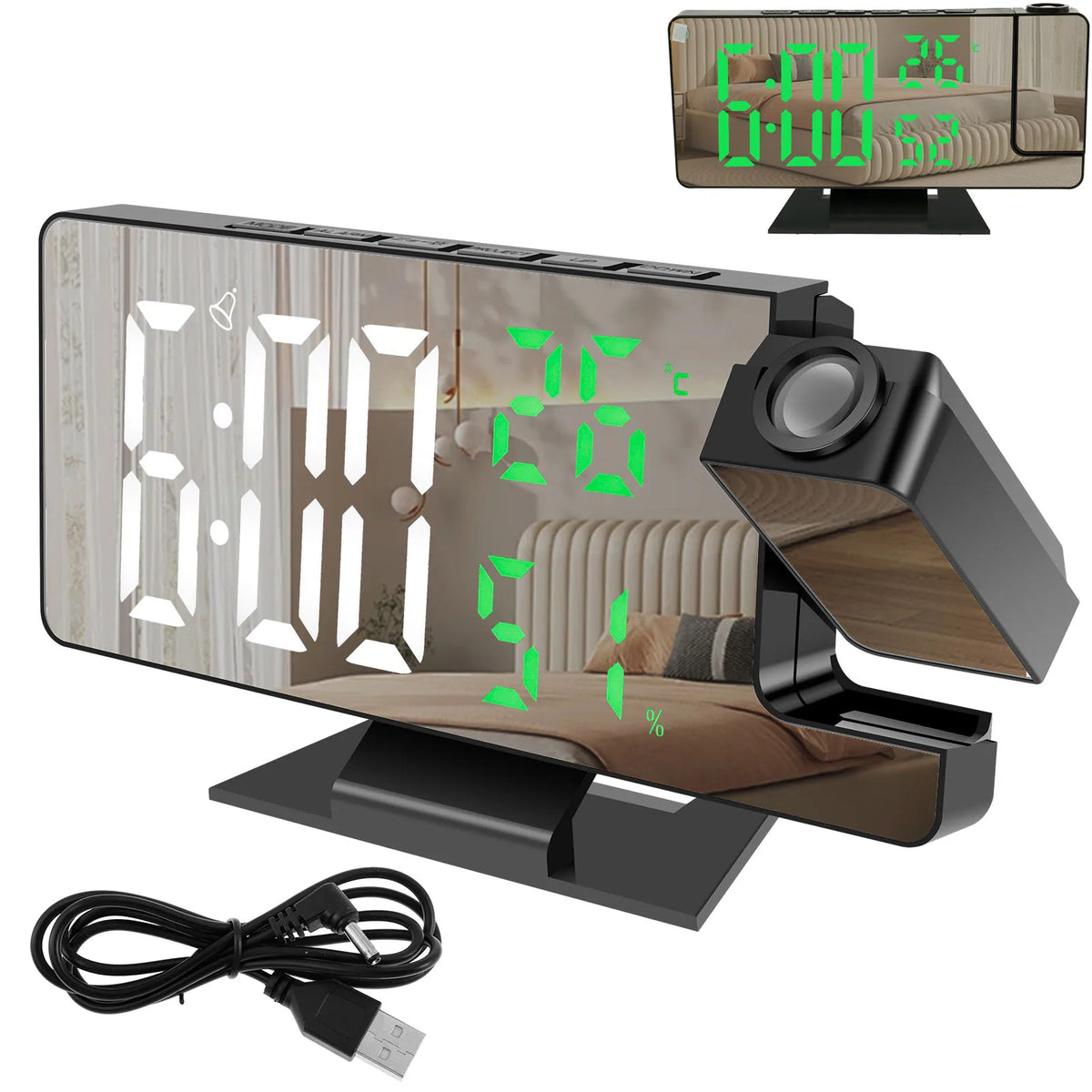 Reloj despertador digital LED con proyector y espejo